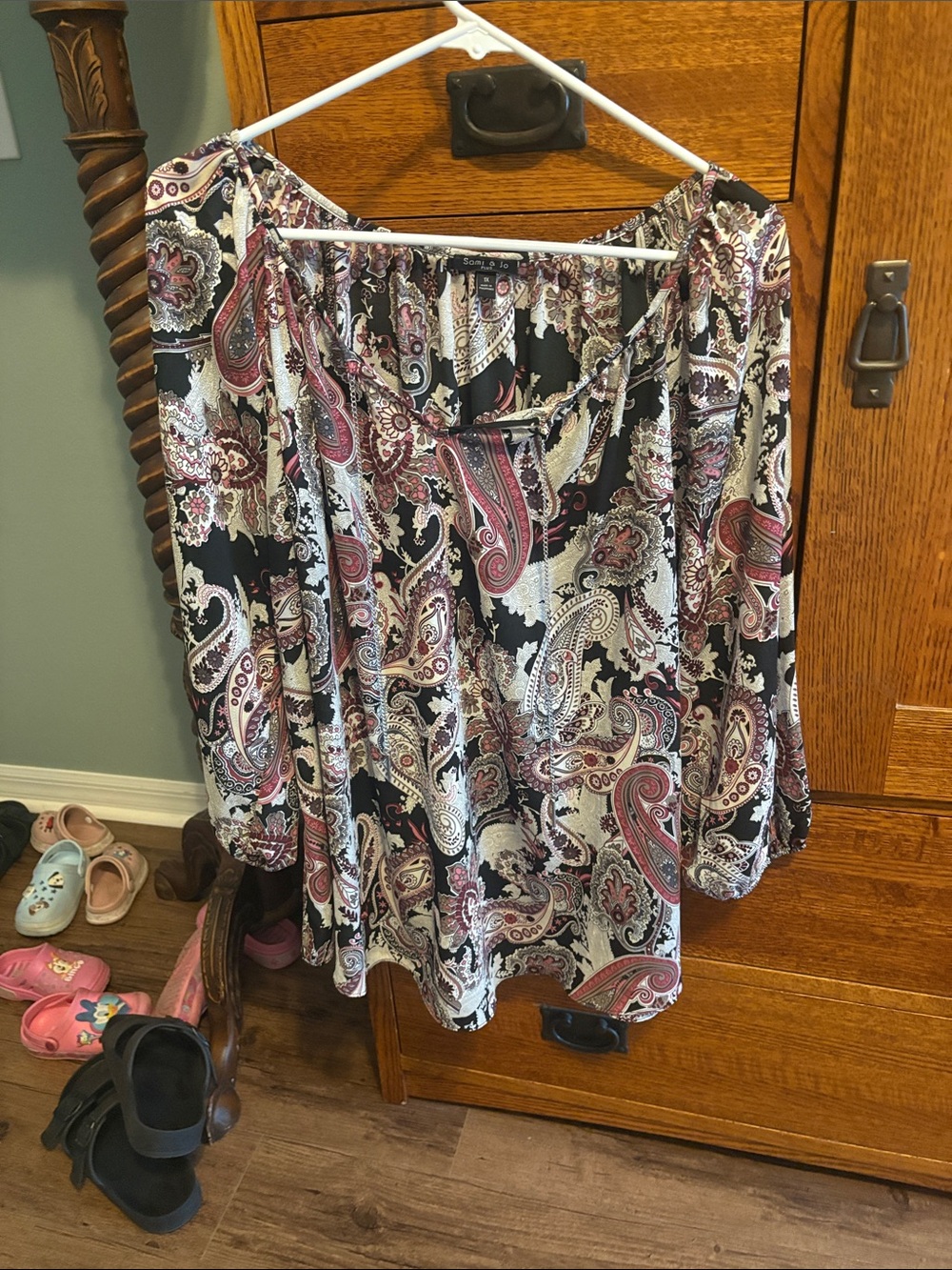 Black Paisley Off-Shoulder Blouse with Pink & Cream Accents